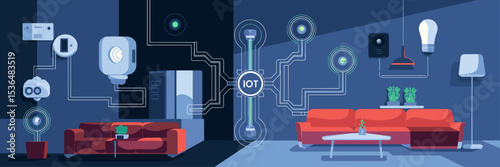 Internet of Things illustration with connected devices, sensors, and network waves in modern living room – Great for smart home, IoT technology, or connected lifestyle topics