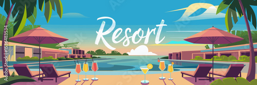 Tropical resort scene with sun loungers, umbrellas, cocktails, and modern architecture – Perfect for vacation ads, travel guides, or hospitality marketing.