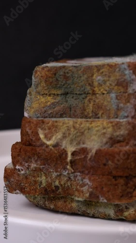 Spoiled bread with mold spots close-up on a white plate