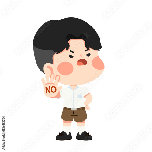 Cartoon Boy Showing Refusal Hand Gesture