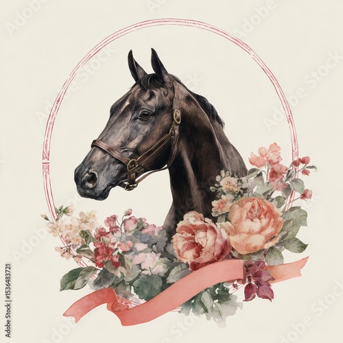 Elegant horse portrait adorned with colorful blossoms and a graceful ribbon on a soft background photo