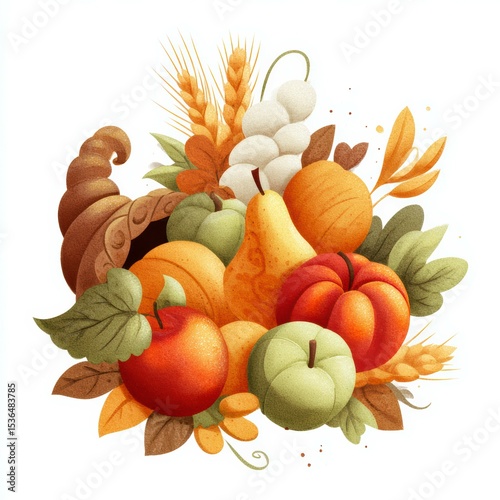Colorful autumn harvest arrangement featuring various fruits and vegetables in a bountiful display