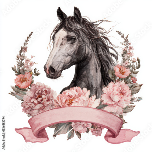 Elegant horse art featuring a gray stallion adorned with pink flowers and a decorative ribbon