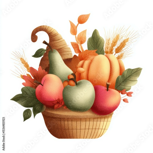Harvest basket filled with autumn fruits and vegetables in vibrant colors