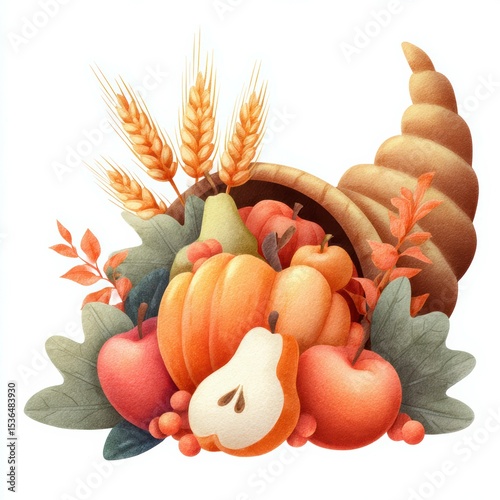 Autumn harvest arrangement showcasing pumpkins, apples, and cornucopia on a white background