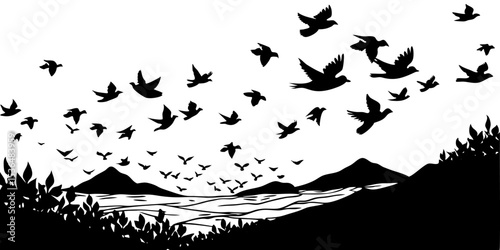 Silhouette flock of birds black bird vector illustration