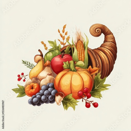 Cornucopia filled with fresh harvest fruits and vegetables celebrating autumn bounty and seasonal abundance