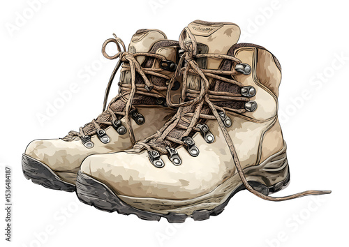 Durable hiking boots ready for adventure on rocky terrain against a transparent background, perfect for outdoor enthusiasts.