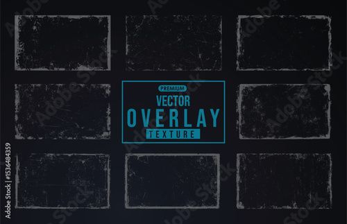 Overlay textures set stamp with grunge effect. Old damage Dirty grainy and scratches. Set of different distressed black grain texture. Distress overlay vector textures.	
