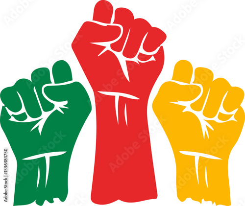 Raised Fists with Pan-African Flag Colors, unity of peoples, strike fight 