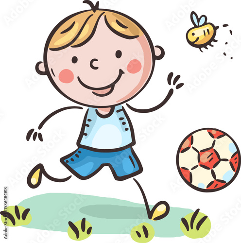 Happy boy playing with soccer ball on grass in park