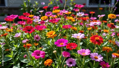 Wallpaper Mural a collection of sun loving flowering plants such as petunias, cosmos, and zinnias thriving under intense backyard sun. Torontodigital.ca