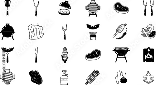 Grill icons set simple vector. Round cooking. Food bbq
