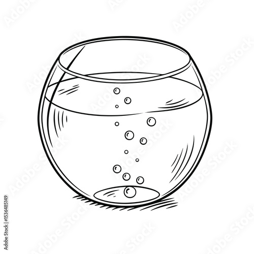 Simple Line Art Fishbowl Illustration - Empty Glass Bowl with Water and Bubbles Vector