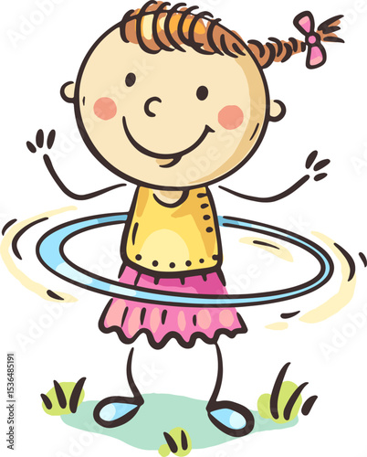Cute cartoon girl spinning hula hoop outdoors