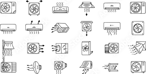 Cold air flow icons set. This set of icons depicts various aspects of airflow, including air conditioning, ventilation, and fans
