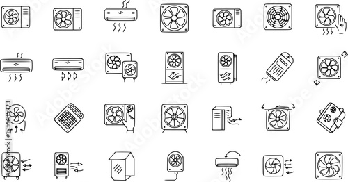 Cold air flow icons set. This set of icons depicts various aspects of airflow, including air conditioning, ventilation, and fans
