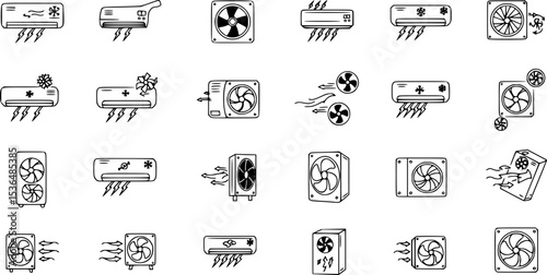 Cold air flow icons set. This set of icons depicts various aspects of airflow, including air conditioning, ventilation, and fans
