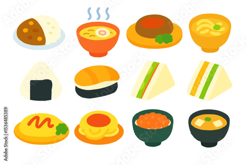 ハンバーグやラーメンなど、いろいろな食べ物のイラスト