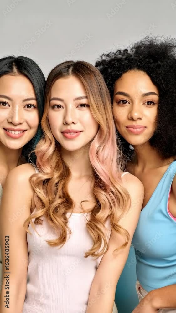 Three smiling multiethnic young women stand together in a close-up, showcasing natural beauty and different hair styles. Three smiling multiethnic young women stand together in a close-up, showcasing natural beauty and different hair styles.
