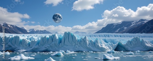 a melting glacier with cfc icons floating in the sky above, linking ozone loss to climate shifts and polar ice degradation