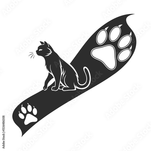 Stylized Black Cat Silhouette with Paw Prints - Minimalist Pet Lover Graphic Design