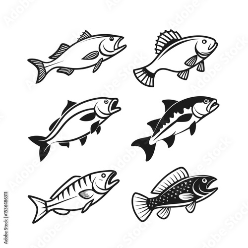 Diverse Black and White Fish Silhouette Set - Collection of Fishing and Seafood Vector Icons