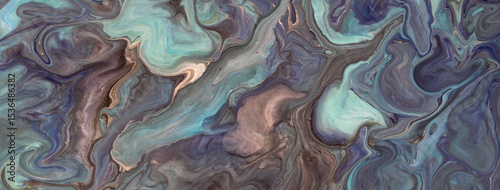 Abstract fluid art background in turquoise, blue and violet colors with marble texture in acrylic pour style
