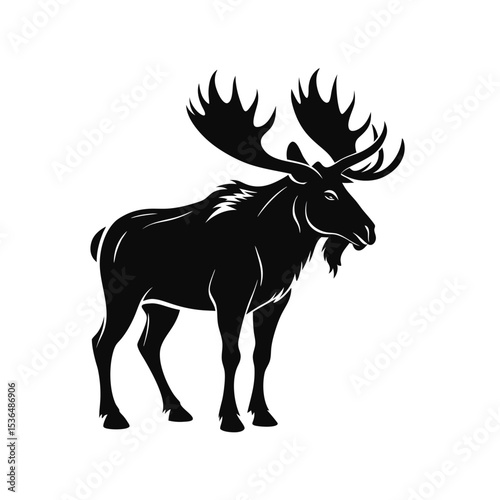 Powerful Black Moose Silhouette - Majestic Wildlife Vector Illustration with Large Antlers