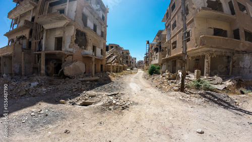 Deserted Street in War-Torn City In Damascus Jobar district, Syria