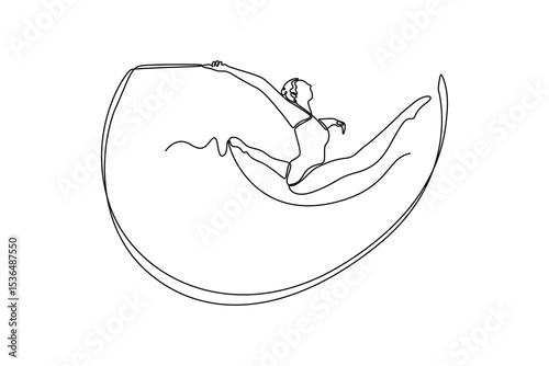 Continuous one line drawing graceful female gymnast in mid air, performing split leap with ribbon. Elegance and precision in captivating rhythmic gymnastic. Single line draw design vector illustration