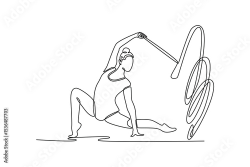 Continuous one line drawing young girl rhythmic gymnast practice with ribbon. Female movement, flexible dancing athlete. Action sports competition. Single line draw design vector graphic illustration