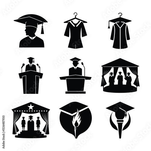Creative vintage graduation items in black art Silhouette Vector illustration
