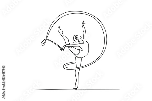 Single continuous line drawing girl gymnast trains with a gymnastics tape in professional arena. Beauty, art, sport, competition, and hobbies. Dynamic one line draw graphic design vector illustration