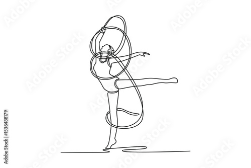 Single continuous line drawing young female rhythmic gymnast posing with ribbon. Beautiful and graceful sport. Motion, grace and flexibility. Dynamic one line draw graphic design vector illustration