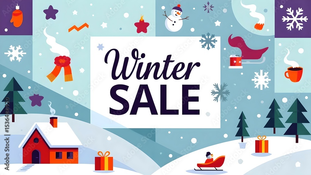 Naklejka premium High-Resolution Flat Illustration for a 'Winter Sale' Banner with Playful Seasonal Elements and a Cozy Snowy Background,Winter Sale Banner for Promotion,Winter Promotion Banner
