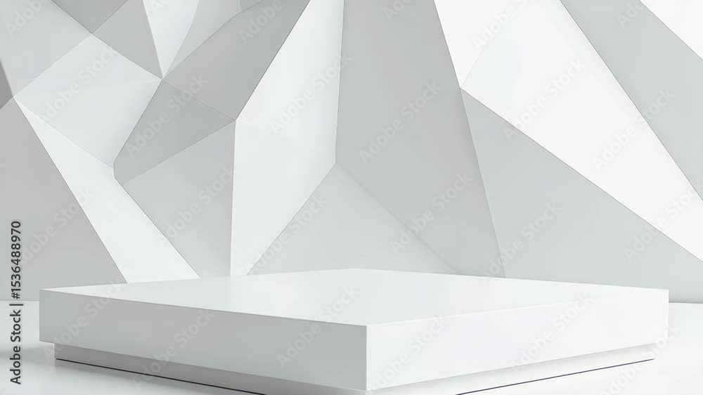 Abstract white geometric background with angular polygon shapes and a square platform for product display or presentation stage