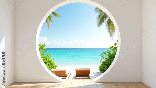 Serene Coastal View Through Circular Window with Tropical Paradise