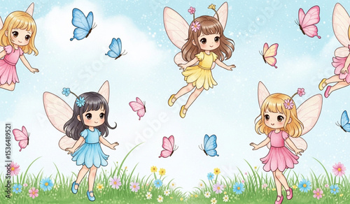 Cute Cartoon Fairies Flying with Butterflies Over a Grassy Field | Whimsical Illustration for Children's Books, Nursery Decor, and Fantasy-Themed Designs