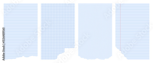 Blue colored paper templates with torn edges. Lined, grid, dot blank pages with rough edges collection. 