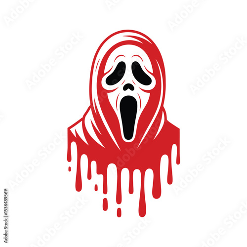 Scary Scream Face Halloween Red Black Vector Illustration with Dripping Horror Effect and Hooded Ghost Mask for Spooky Design and Decorations