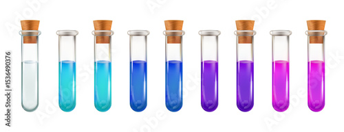 Test tubes set with colored liquid chemical reagents. 3d lab glass bottle, potion magic flask. Vector isolated science icon, medical vial realistic equipment. Medicine transparent cylinder water jar