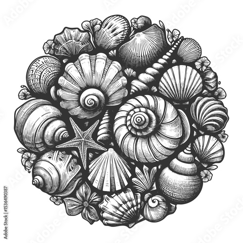 seashells and a starfish in a circular composition, ideal for coastal and nautical designs sketch engraving generative ai vector illustration. Scratch board imitation. Black and white image.