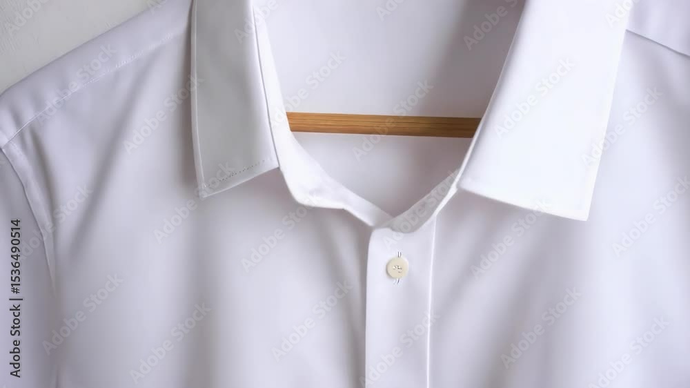 Crisp white long sleeved collared shirt hanging on a wooden hanger against a white wall ready for business casual wear.