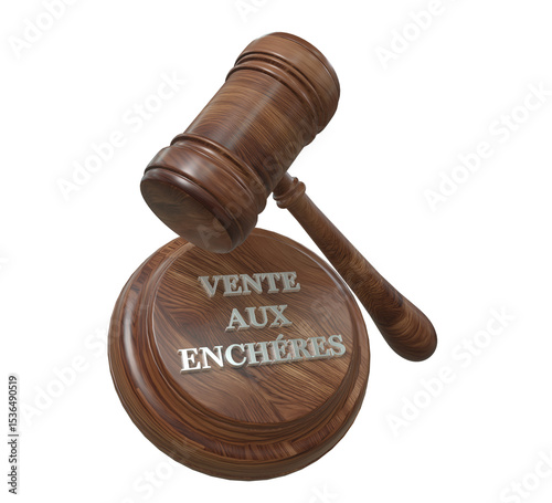 marteau de commissaire priseur avec le texte vente aux enchère - illustration 3D sur fond transparent