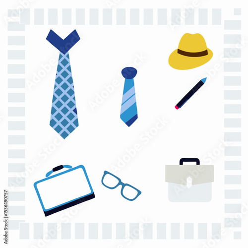 Gentleman's Accessories Vector – Necktie, Hat, Briefcase, Watch, and Style Elements