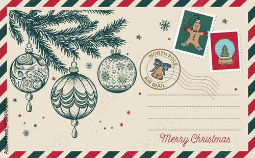 Christmas postcard, card with ball, hand drawn illustration.