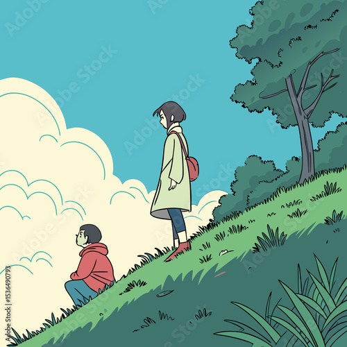 Vector art, blue sky, green place, not realistic, anime style