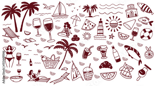 Black and white vector icon set of summer vacation elements. Includes sun, beach umbrella, palm tree, suitcase, flip flops, sunglasses, ice cream, camera, surfboard, cocktail silhouette icons PNG