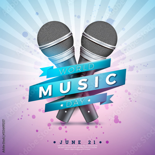 World Music Day Banner Illustration with Microphone and Typography Letter on Shiny Light Background. Vector International June 21 Festival Design Template for Post Card, Greeting Card, Holiday Poster